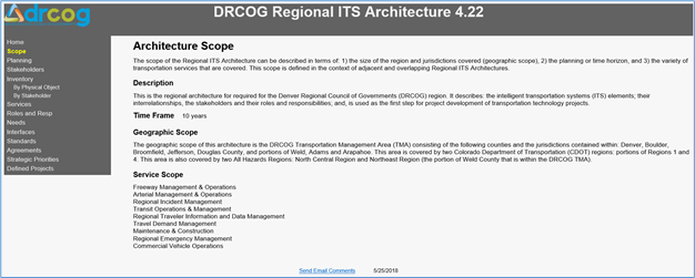 Title: Denver Regional ITS Architecture Scope - Description: Screen shot taken from the Denver Regional Council of Government's website for their regional ITS architecture. It describes the scope of the architecture in terms of the time frame, the geography, and the services.