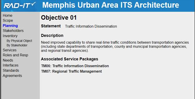 Screenshot from the Memphis Urban Area Regional ITS Architecture the regional architecture showing one of the Planning objectives for the region and the associated service packages.