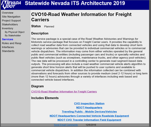 Title: Nevada Service Package Web Page Example - Description: Screenshot from the Nevada DOT Statewide ITS architecture website showing the description of one of the service packages, Road Weather Information for Freight Carriers, and this associated elements.