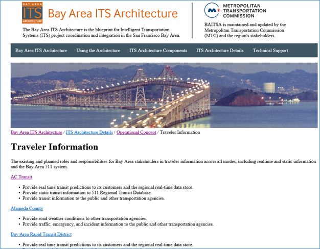 An excerpt from the Bay Area ITS architecture website showing roles and responsibilities for the Traveler Information area sorted by stakeholder.
