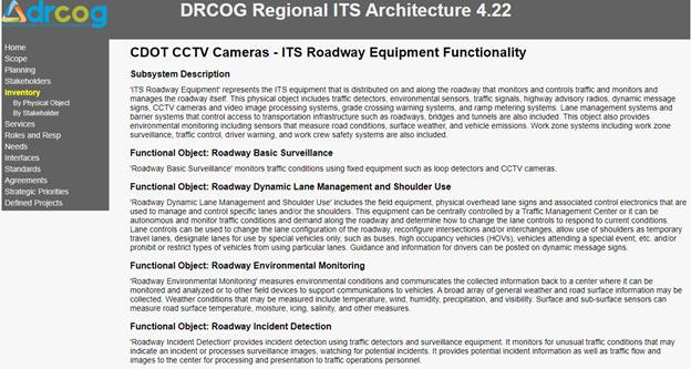 An excerpt from the Denver Regional Council of Governments (DRCOG) Regional ITS architecture website showing functionality for the CDOT CCTV Cameras including a description of the element and the assigned functional objects.