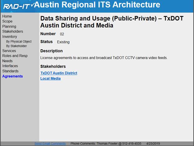 An excerpt from the Austin Regional ITS architecture website showing information for one of the agreements included in the architecture – Data sharing and usage between TxDOT and Media