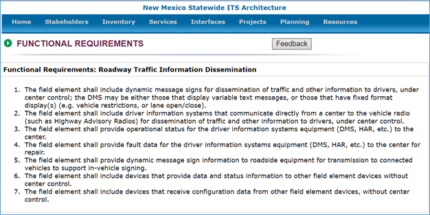 Graphic from the New Mexico Statewide ITS Architecture website listing the Functional Requirements for the Roadway Traffic Dissemination function.