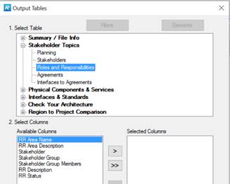 Screenshot of the Output Tables menu in RAD-IT with the Roles & Responsibilities table highlighted and shows the selected columns as RR Area Name, Area Description, Stakeholder, and Group members.